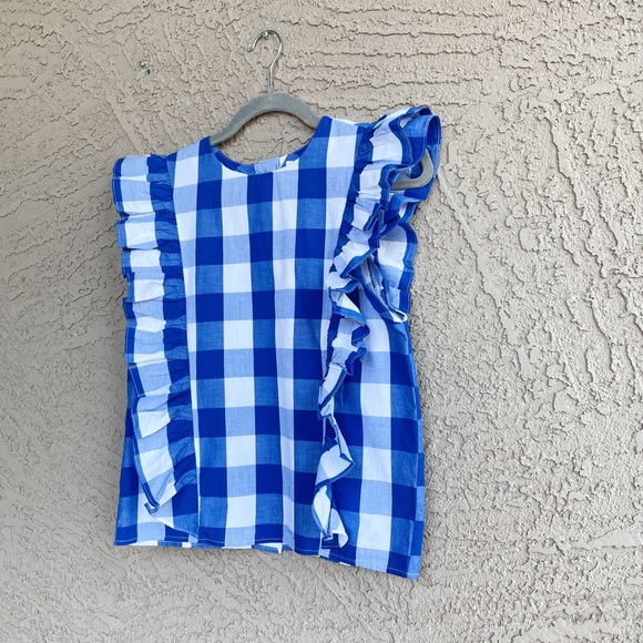 ANTHROPOLOGIE NWT WHIT Blue & White Gingham Checkered Plaid Ruffle Top XS - Picture 6 of 15